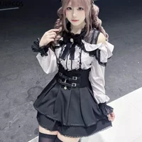 Sweet Lolita Y2k Aesthetic Skirt Set Japanese Gothic Bow Lace Off Shoulder Blouse Ruffled Mini Skirts Harajuku School Girls Suit