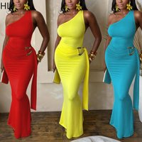 HLJ Elegant One Shoulder Bodycon Maxi Dress Woman Solid Color Ruched Patchwork Backless Dress Female Prom Evening Gown Summer