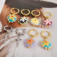 1Pair Dopamine Hand-painted Flower Y2K Girl Ear Buckle Aaretes Stainless Steel Hip Hop Cross Men Huggies Hoop Earrings Jewelry