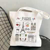 Paris & New York City Landmarks & Culture Print Canvas Tote Bag, Ideal Travel Gift for City Lovers & Travel for Everyday Carry