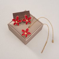 3pcs Stainless Steel Red Flower Necklace Earrings For Women Jewelry Set Fashion Party Wedding Gift Piercing jewelry Accessories