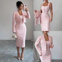 Women's Tweed Two Piece Set Cropped Blazer and Bodycon Midi Dress