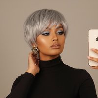 Silvery Grey Short Pixie Cut Wig with Bangs Remy Human Hair Layered Straight Machine Made Bob Wig for Women