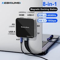 KEBIDUMEI 8 in 1 Magnetic USB 3.2 Hub 10Gbps USB C Docking Station Type C to HDMI2.0 4K60Hz Adapter PD SD TF 3.5mm for PC Laptop