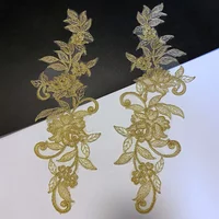 3Pair/6pcs Gold Embroidery Lace Applique Neckline Collar Lace Trims Fabric Wedding Dress Cloth Sewing Patch DIY Craft 38X12cm