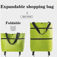 2 in 1 Lightweight Collapsible Shopping Cart, Folding Cart with Wheels, Reusable Grocery Bags, Travel Bag for Home Use (Green)