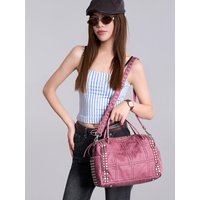 Retro Style Rivet PU Leather Shoulder Bag Women Large Capacity Slant Crossbody Casual Commuting Handbag Pink Carryall