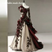 Gothic Burgundy Rose Flowers Prom Dress Black Lace Appliques Ruched Vintage Victorian Evening Gowns One Shoulder Customized