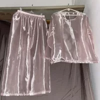 Couple Sexy Thin See Through Silky Soft Gloss Sheer Holographic Transparent Round Neck Loose Top Trousers Private Party Costumes