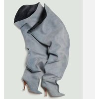Denim Blue Pointed Toe Thigh High Scrunch Boots Woman Winter 2026 Rust Slip-On Stiletto Over-The-Knee Boots Fashion Shoes