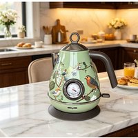 1.7L Light Luxury Decal Electric Kettle Green Vintage Floral Bird Kettle Mechanical Thermometer Boil Dry Protection