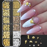 12Grids 3D Gold Ocean Nail Art Decorations Shell Seahorse Starfish Conch Pearl Beads Nail Charms Summer DIY Manicure Accessories