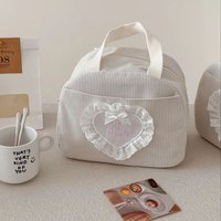 YT Commuting Large Capacity Handbag Lace Heart Corduroy Lunch Box Bag New Student Work Lunch Box Storage Bag