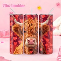 1pc Scottish Highland Cow Stainless Steel Water Bottle/Tumbler with Heart Pattern Background — 20oz (591ml) — Includes Straw