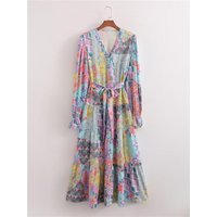 Fashionable Long Sleeve V-Neck Print Dress 2025 New Style Women's Clothing A-Line Skirt Loose Waist Polyester Fabric Casual Wear