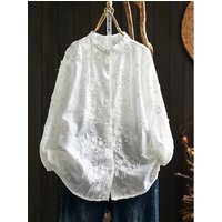 SuperAen Spring New Three-dimensional Flower Embroidered Cotton White Shirt Women Loose Sweet O-neck Long-sleeved Shirts
