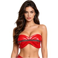 Womens Strapless Zipper Bustier Crop Top Glossy PU Bandeau O-ring Strapless Tube Bra Bralette Mini Corset Top Nightclub Costume
