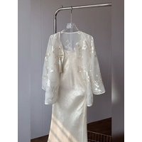 New Chinese High End Cheongsam Set Women Summer Fashion Embroidery Long Sleeve See Through Coat + Sling Dresses 2 Piece Set