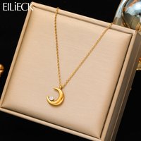 EILIECK 316L Stainless Steel Gold Color Moon Zircon Pendant Necklace For Women Girl Fashion Neck Chain Jewelry Wedding Gift