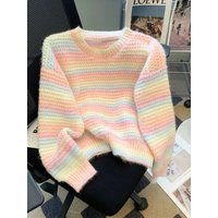Zoki Women Chic Rainbow Sweater Loose Cute O Neck Long Sleeve Knitted Jumpers Fall Winter Lazy Wind Japan Fashion Sweet Pullover