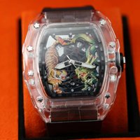 Classic Tonneau Dragon Tiger Shaped Engraved Dial Quartz Watches Men Top Luminous Rubber Strap Male Watch Men Steel Watch Clock