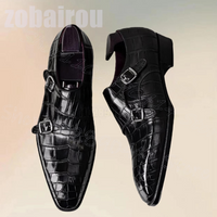 Black Crocodile Print Double Monk Buckle Loafers Fashion Slip On Men Shoes Luxury Handmade Party Office Dating Men Dress Shoes