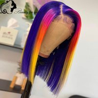 Cosplay Ombre Red Purple Short Bob Brazilian Colored Human Hair Wig Transparent 13x4 Lace Frontal Wigs For Women 200 Density