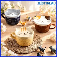 JUSTUNLAU 220ML Japanese Style Cat Mug Ceramic Tea Cup with Lid Creative Household Tableware Breakfast Milk Cup Exquisite Gifts