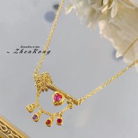 Vintage Medieval Style Jewelry Key Design Gold Color Pendant Necklaces Inlaid Colorful Zircon Crystal Clavicle Chain For Women