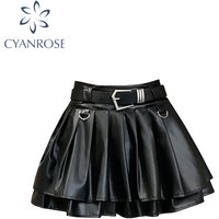 Women Black A-line Leather Skirt Vintage Aesthetic Y2k Pleated Skirt Harajuku Korean Gothic Mini Skirt Emo 2000s Clothes Summer