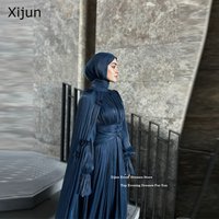 Xijun Modest Blue Evening Dresses Long Sleeves A-Line Luxury Dubai Prom Dresses Pleated Cape Formal Prom Gowns Muslim Customized