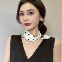 Pearl Silky Scarves For Spring & Summer Magnetic Buckle Scarves Dot Striped Print Neckerchief Elegant Choker Gift for Ladies