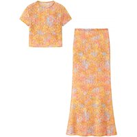 Orange Summer Two-piece Set for Women 2026 Summer New European Style Simple Print Short Crop Top Party Good-looking Slim Skirt