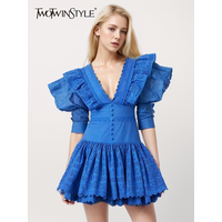 TWOTWINSTYLE Solid Sexy Patchwork Wave Edge Dress For Women V Neck Puff Sleeve High Waist Slimming Dresses Female Beach Style