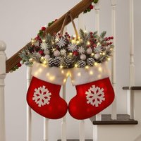 Christmas Wreath Indoor Mitten Decorative Wreath with LED Lights Wall Decorations with Pine Cones Red Berries Branches
