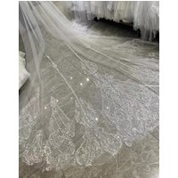 Real Photo 350cm Long One Layer Glitter Wedding Veil with Comb Luxury Lace Edge Appliqued Cathedral Bridal Veil for Weddings