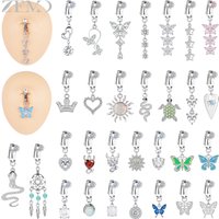 ZEMO 1 PC Stainless Steel Clip On Navel Rings Women Girls CZ Crystal No-Pierced Belly Ring Butterfly Faux Belly Button Piercings
