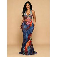 Sexy Colorful Rhinestone Dress Halter Deep V Neck Backless Bodycon Women Birthday Evening Party Club Stage Costume