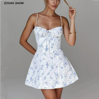 2024 Women Sexy White With Flower Ruched Corset Style Sling Dress Cross Bandage Lacing Up Bow Back Slim Waist Mini Party Robe