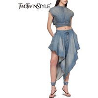 TWOTWINSTYLE Vintage Street Style Washed Denim Two Piece Set for Women Crop Tops Asymmetrical Shorts Outfits for Edgy Fashion
