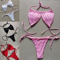 Summer Sexy Bikini set Push-up padded Bra Thong Split Swimwear Female Bandage Bathing Suit Adjustable Lacing Swimsuit Solid