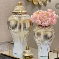 Ceramic Ginger Jar Golden Stripes Decorative General Jar Vase Porcelain Storage Tank with Lid Handicraft Home Decoration Vases