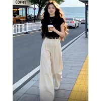Korean Minimalist Summer High Waist Wide Leg Pants Short Sleeve T-Shirt Casual Set Women's Fashion Ensemble round Neck Design