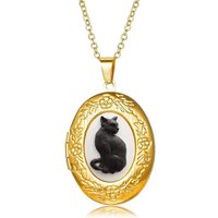 Retro Gothic Cat-pattern Flower Carving Gold Color Stainless Steel Oval Photo Box Pendant Necklace for Men Women Jewelry Gifts