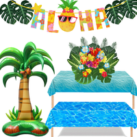 Hawaiian Luau Tropical Party Aloha Banner Artificial Plant Palm Leaves Hibiscus Flower Ocean Wave Tablecloth for Beach Birthday
