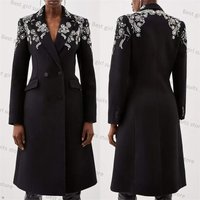 Formal Woolen Black Women Suits Skirt 1 Piece Long Blazer Prom Dress Luxury Crystal Office Lady Wedding Tuxedos Coat Custom Made