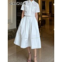 GALCAUR Elegant Two Piece Sets For Women Lapel Short Sleeve Tops High Waist A Line Pleated Skirts Solid Set Female Summer 2023