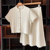 Classic stand up collar single breasted cardigan high waisted casual hollow skirt elegant retro new women's set