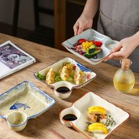 2pcs Rectangular Ceramic Dinner Plates- Divided Plates and French Fry Plates with Built-in Sauce Dishes, Ideal for Dumplings