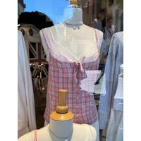 Pink Plaid Cute Tank Top Summer Lace-up Single Breasted Cotton Slim Woman's Camisole Casual Sweet Preppy Style Vest New Tops